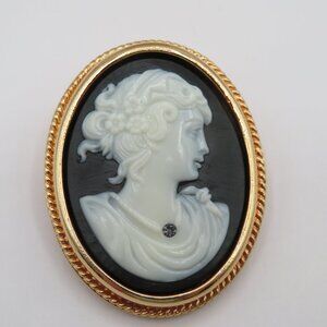 Vintage Avon Cameo Pendant Brooch Black White Gold Tone
